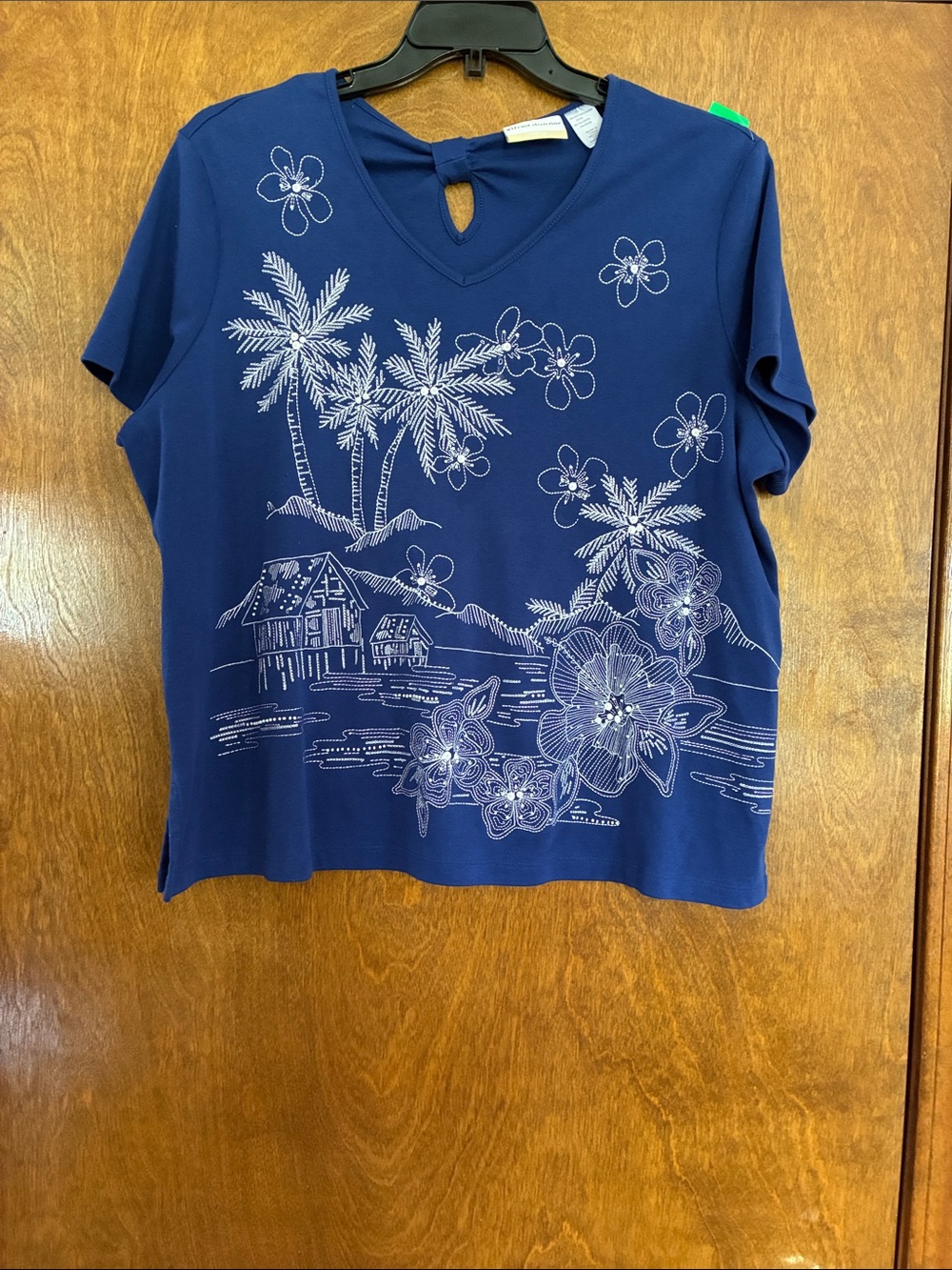 Alfred Dunner Navy Short‑Sleeve V‑Neck Tropical Print Top